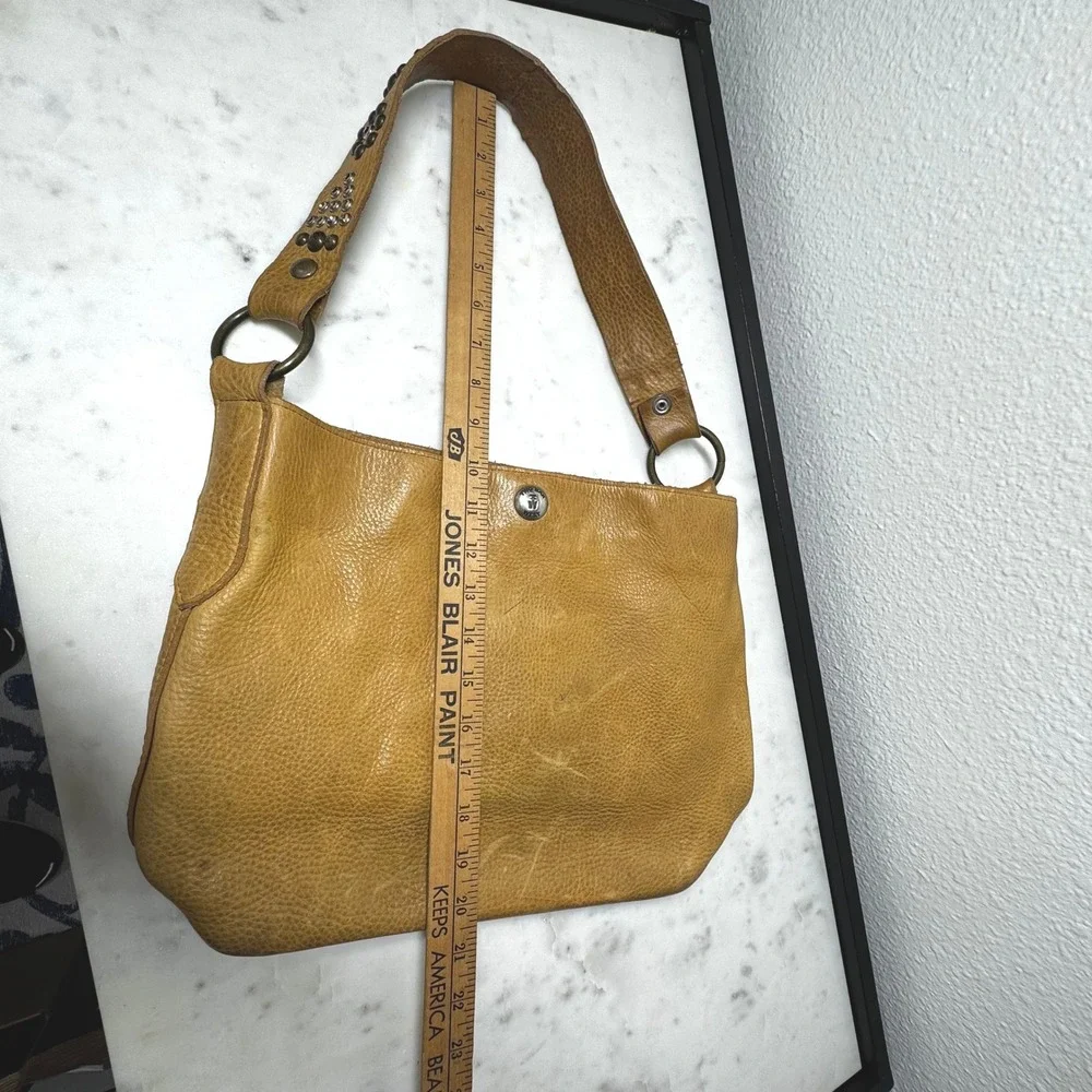 Two Bar West Tan Pebbled Leather Studded Crystal Strap Western Hobo Shoulder Bag